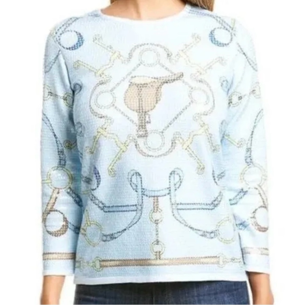 J McLaughlin Corali Sequin Sweater Size L Blue Gold Equestrian Horse 3/4 Sleeve